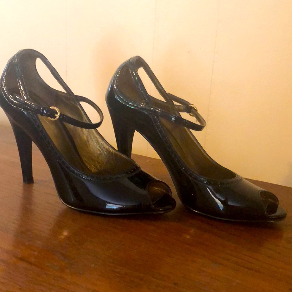 Linea Paolo Black Patten Peep Toe 4 inch Heels with Ankle Strap